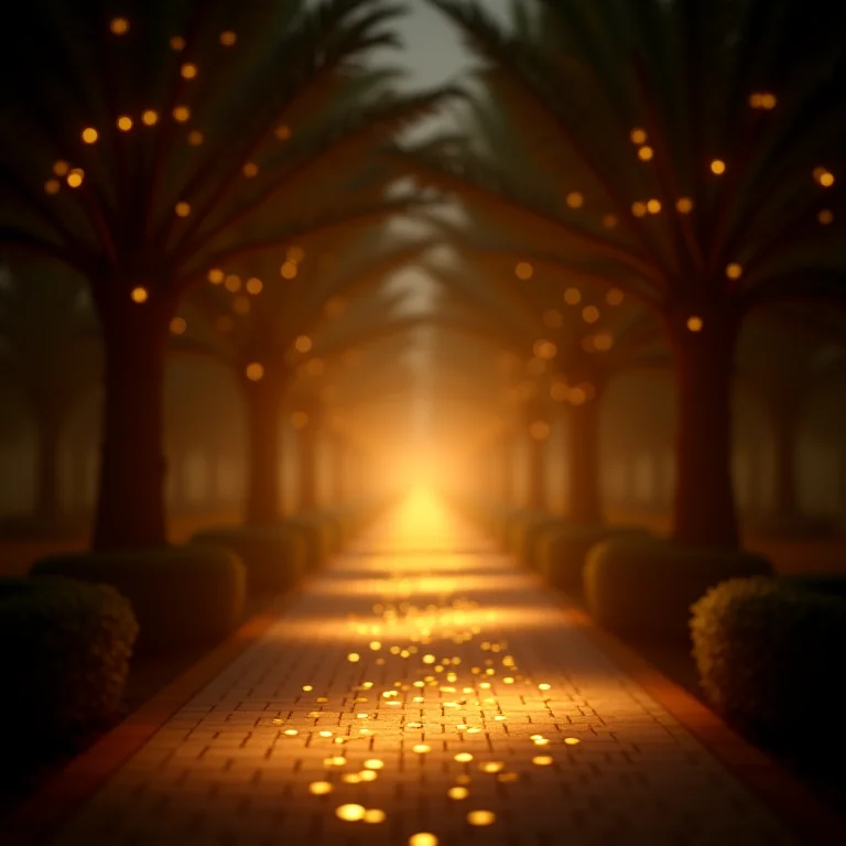 Iluminação suave em um caminho de casamento noturno.