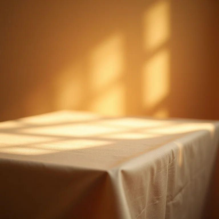 Iluminação suave realçando a textura de uma toalha de linho em uma mesa retangular.