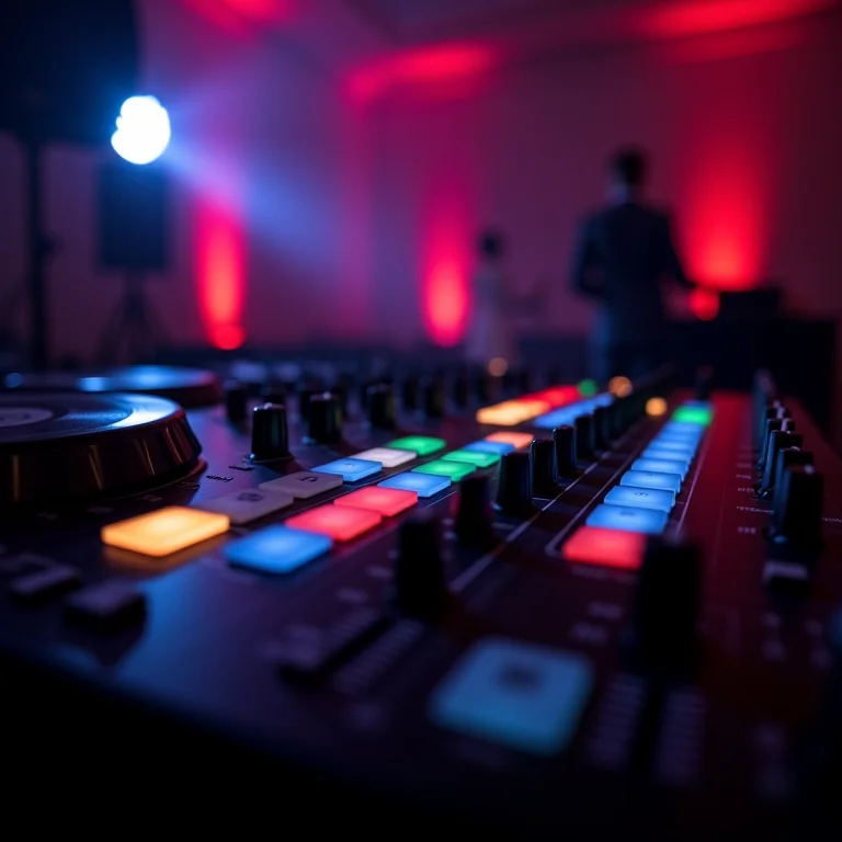 Infraestrutura completa de som e iluminação em salão de casamento.