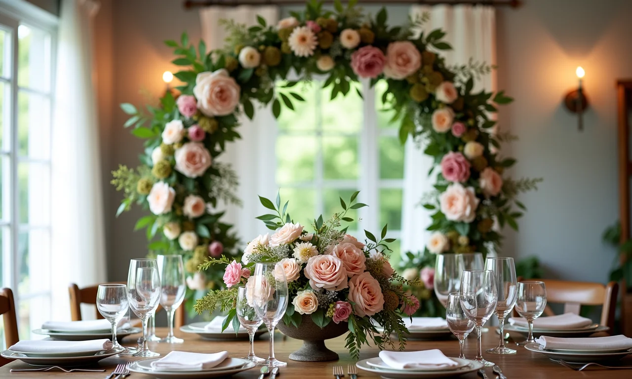 Inspiração de estilo de casamento com arranjo floral circular.
