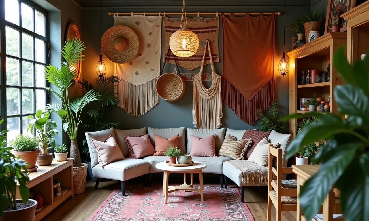 Itens de decoração boho chic expostos em loja local.