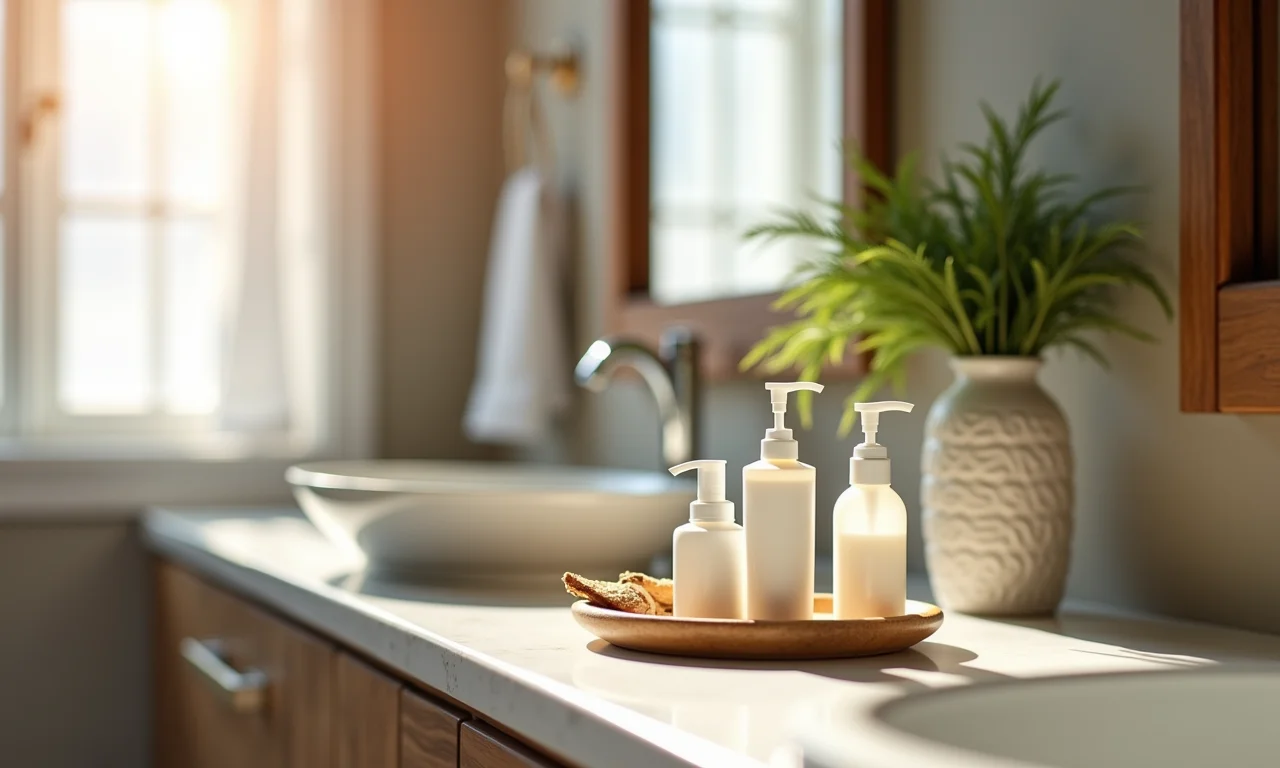 Kit toalete posicionado em um banheiro decorado.