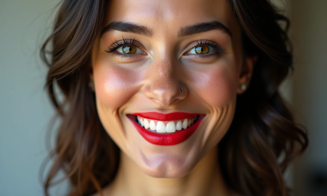 Lábios em destaque com batom vermelho vibrante.