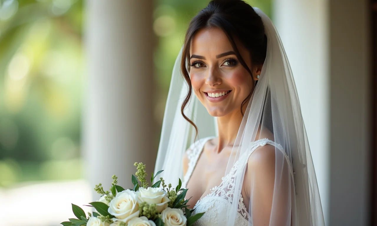 Laço do buquê combinando com o véu da noiva.