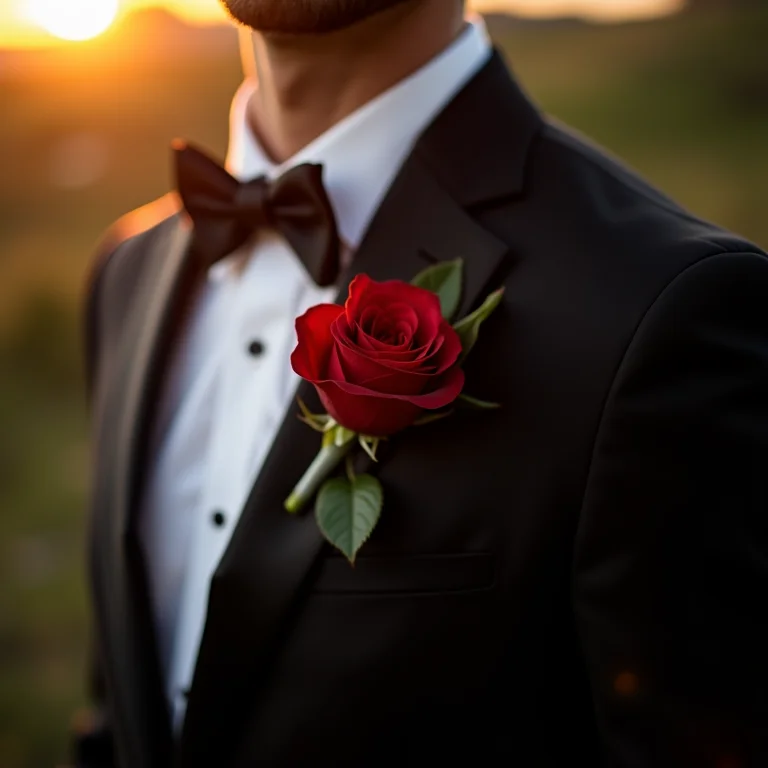 Lapela do noivo com uma única rosa vermelha, expressando personalidade.