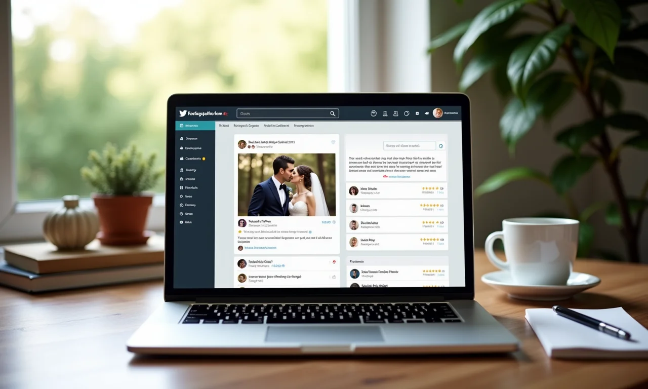 Laptop mostrando avaliações positivas em fórum online de casamento.