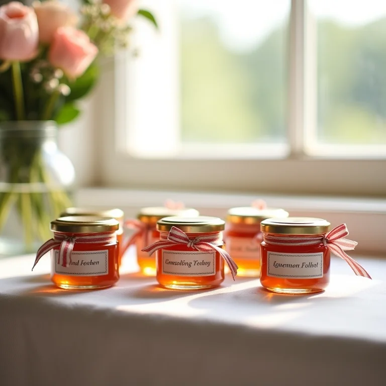 Lembrancinhas de casamento personalizadas com potes de geleia caseira.