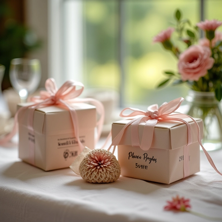 Lembrancinhas de casamento personalizadas sobre a mesa.