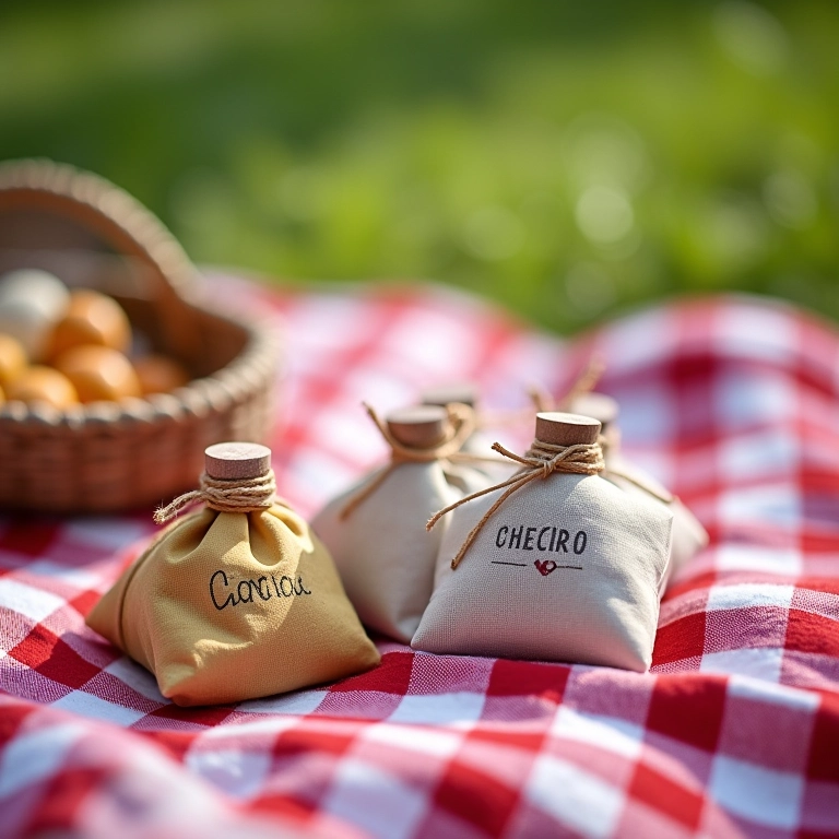 Lembrancinhas personalizadas em manta de piquenique de casamento.