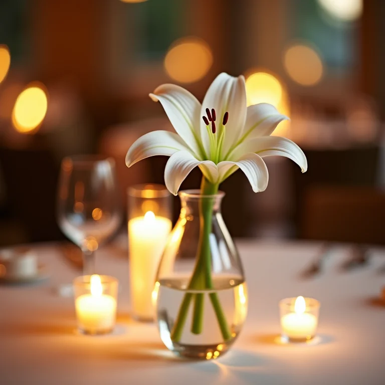 Lírio branco solitário em um vaso durante a recepção de casamento.