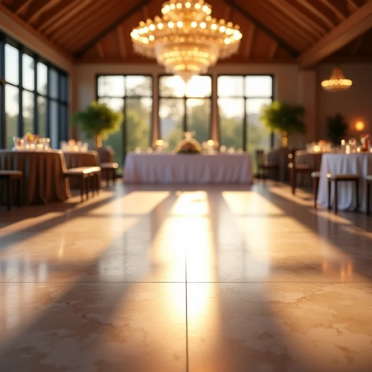 Localização estratégica da pista de dança em salão de casamento moderno.