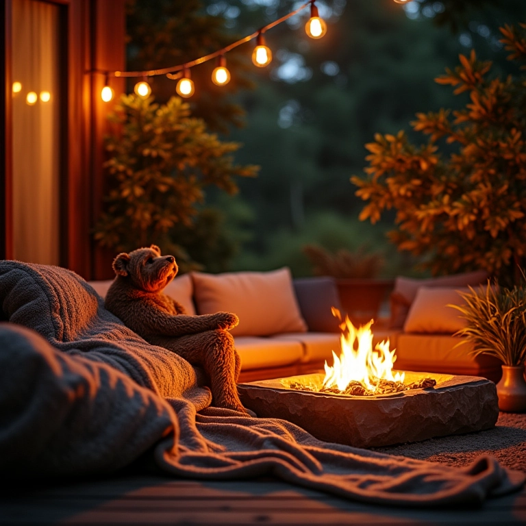 Lounge ao ar livre com cobertores aconchegantes e iluminação quente.