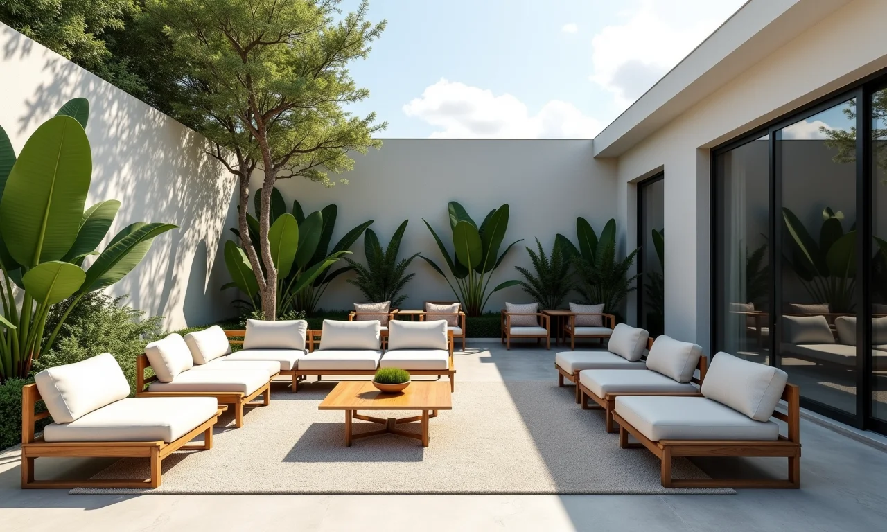 Lounge moderno para casamento ao ar livre com móveis elegantes.