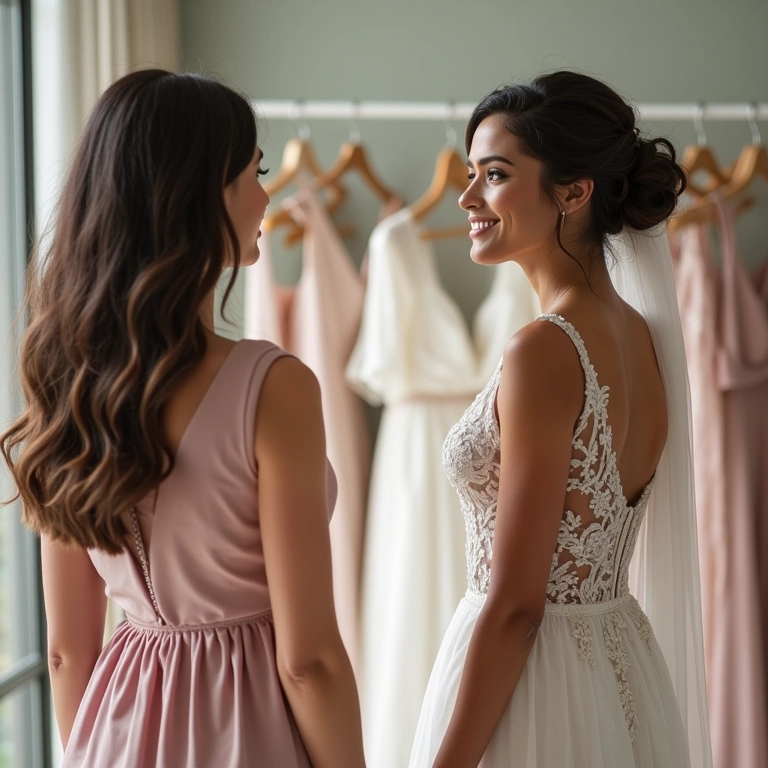 Madrinha ajudando noiva a escolher vestido em boutique.