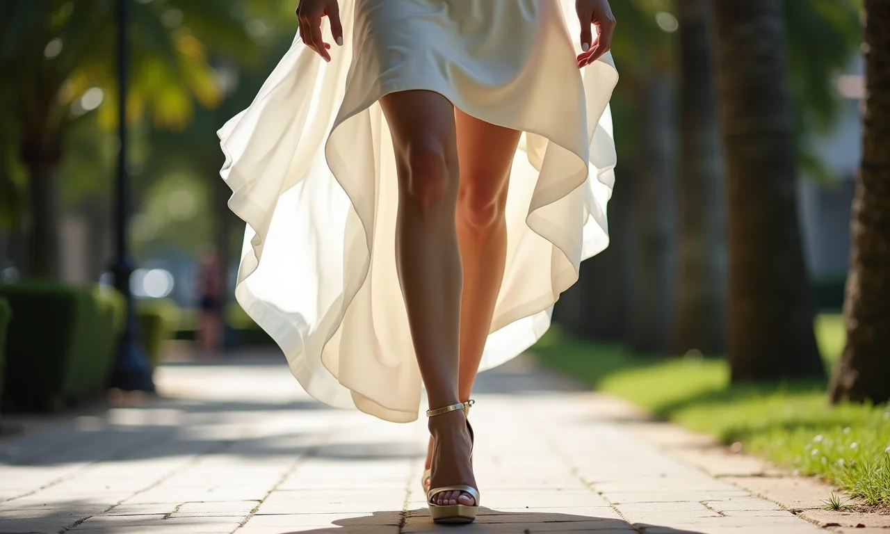 Madrinha caminhando com confiança em salto alto confortável.