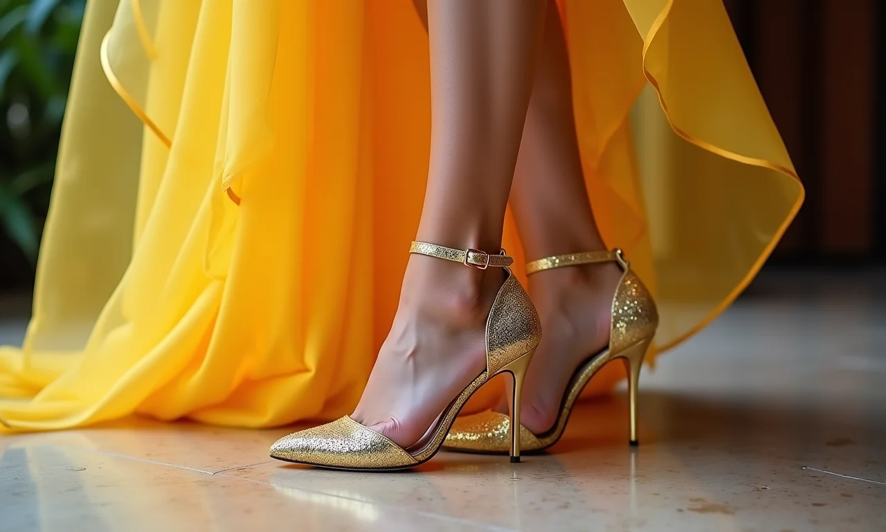 Madrinha elegante usando salto dourado em casamento brasileiro vibrante.