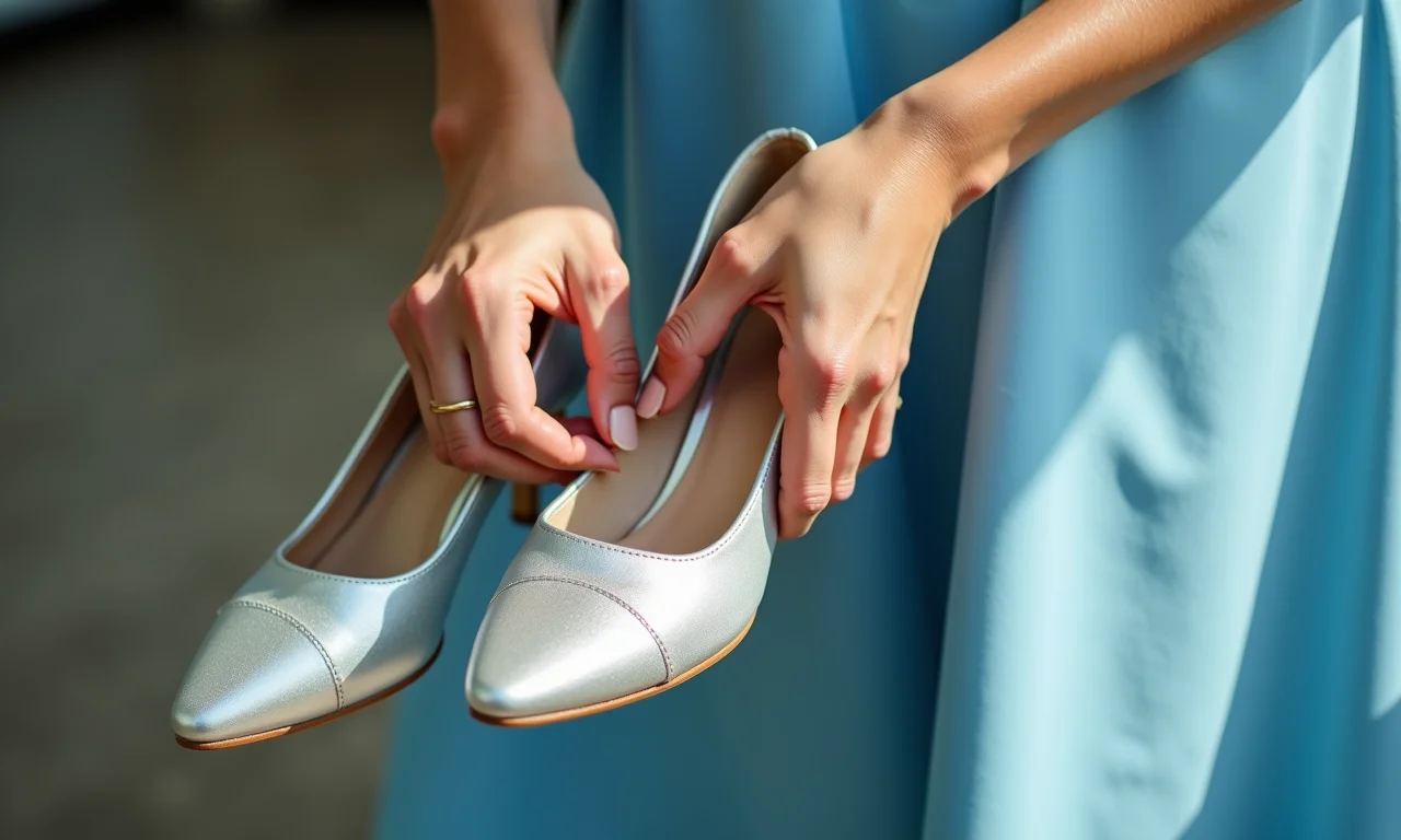 Madrinha escolhendo a cor ideal de sapato para um vestido azul.