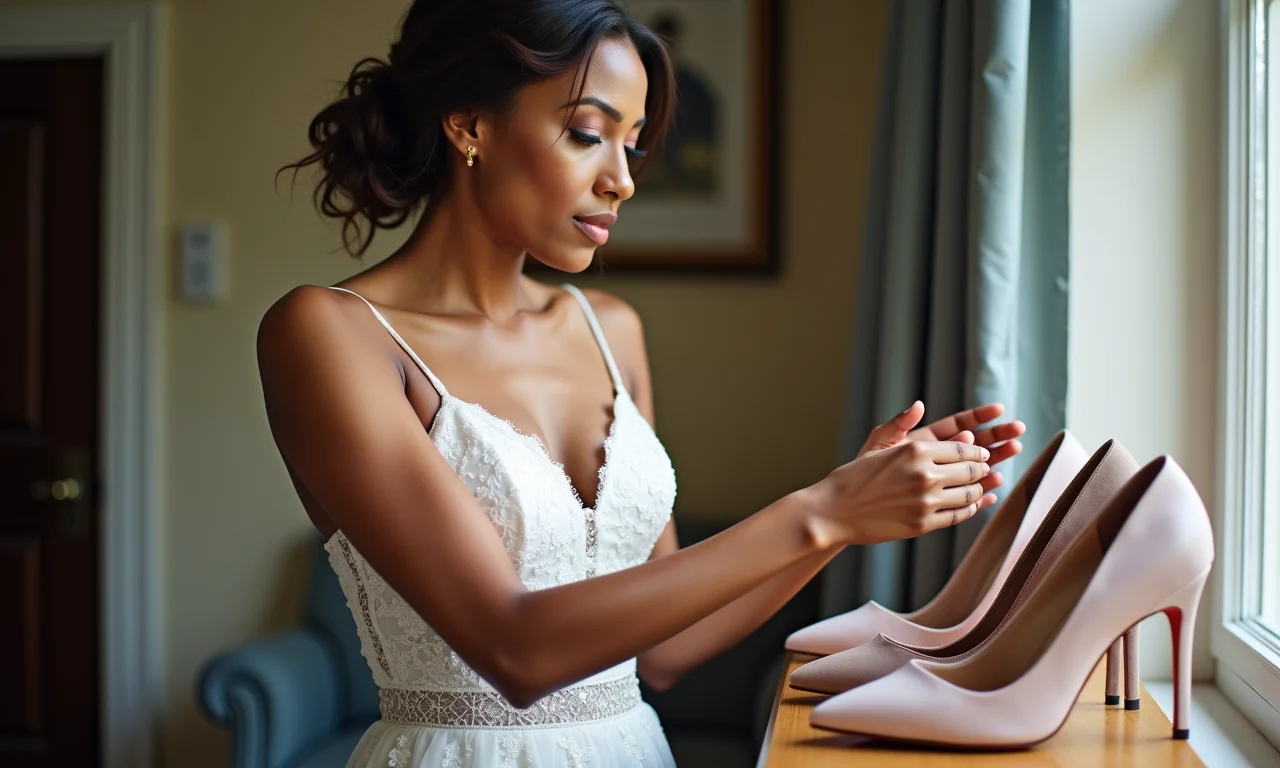 Madrinha escolhendo sapatos confortáveis para o casamento.