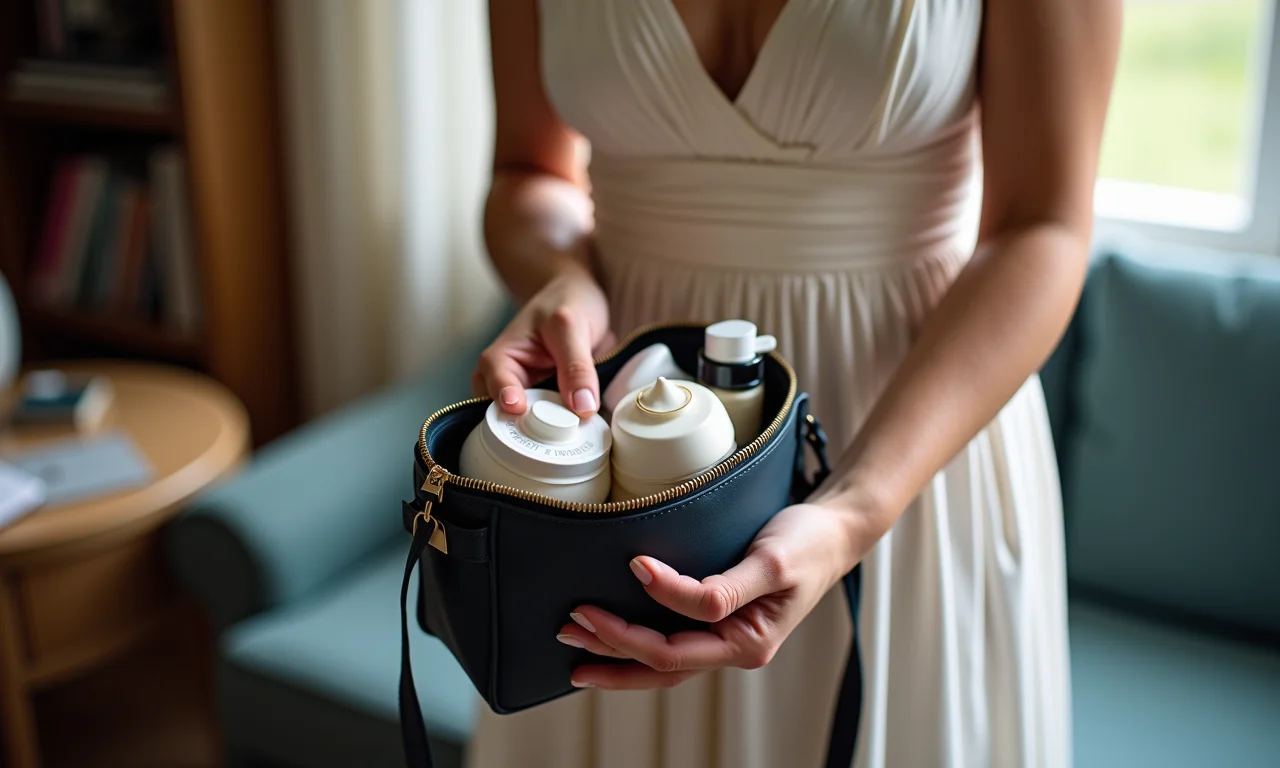 Madrinha organizando itens de conforto na bolsa.