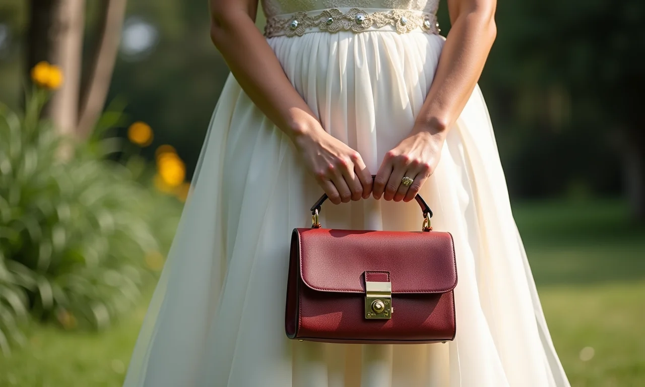 Mãe da noiva segurando uma bolsa de tamanho ideal.