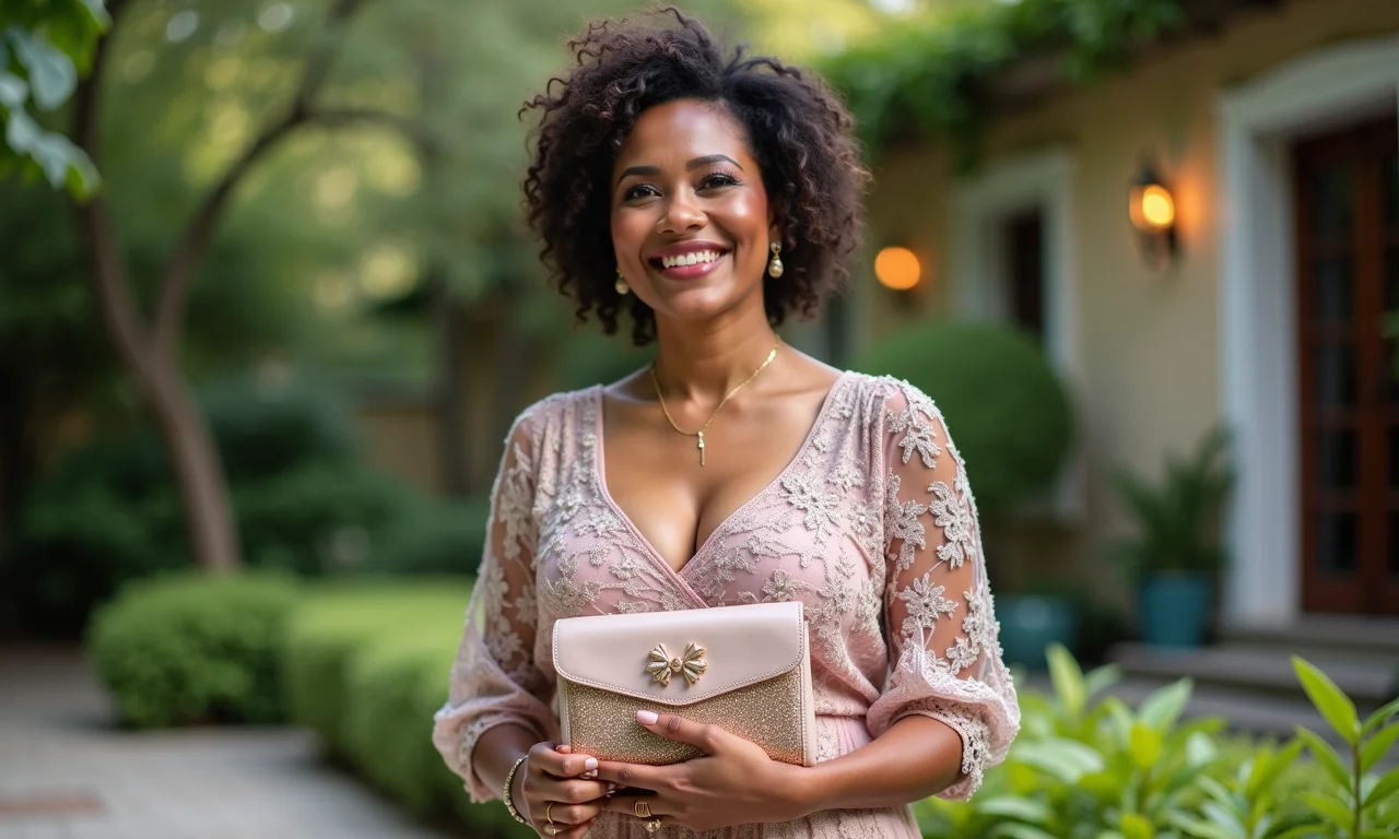 Mãe da noiva segurando uma clutch chique e elegante.