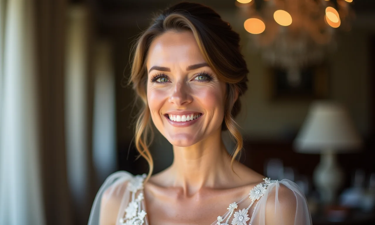 Mãe da noiva sorrindo com maquiagem suave e elegante.