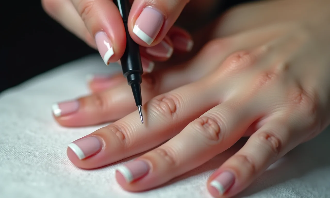 Manicure aplicando a faixa branca perfeita em uma francesinha para noiva.