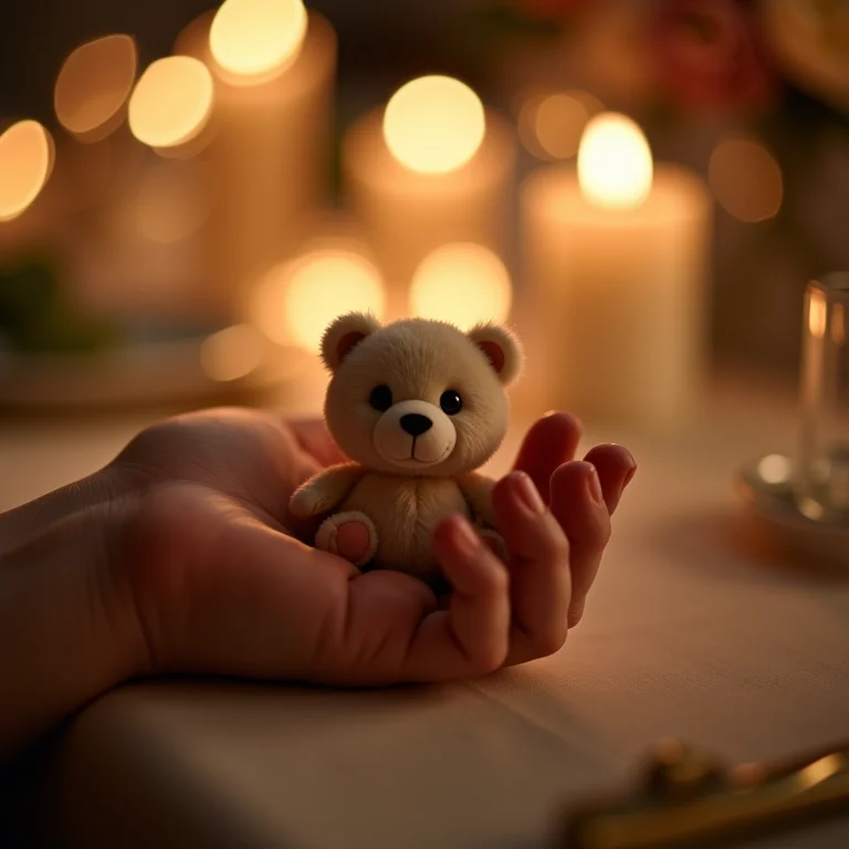 Mão de criança segurando bicho de pelúcia em casamento.