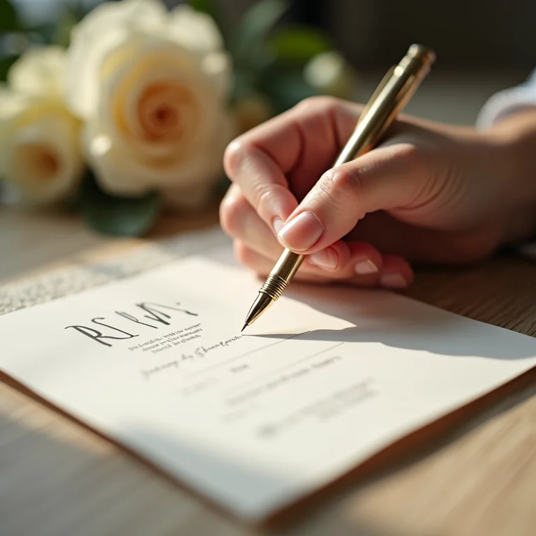 Mão elegante prestes a assinar um cartão de RSVP
