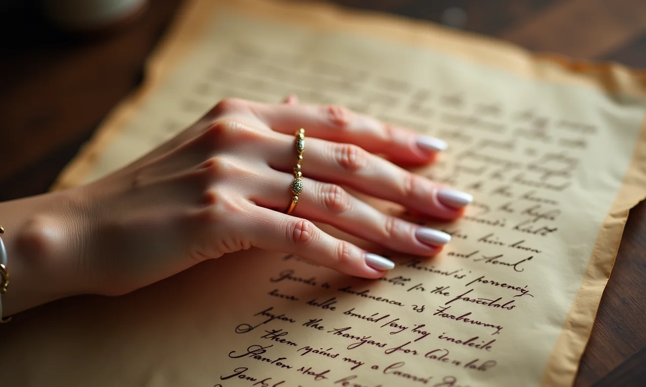 Mão feminina elegante mostrando uma francesinha, com pergaminho histórico ao fundo.