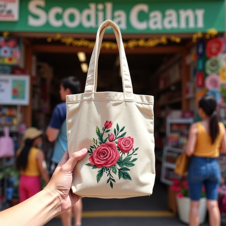 Mão segurando ecobag personalizada em frente a uma barraca de mercado de artesanato.
