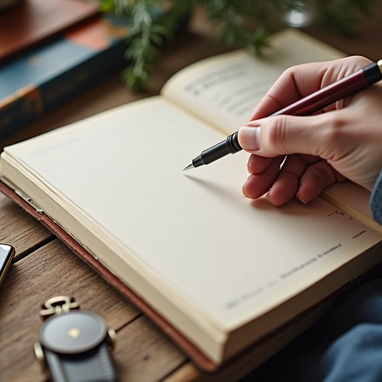 Mão segurando uma caneta sobre uma página em branco no diário de viagem.