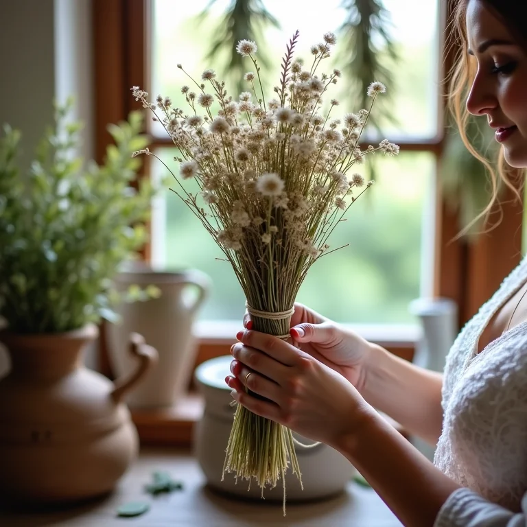 Mãos amarrando flores secas