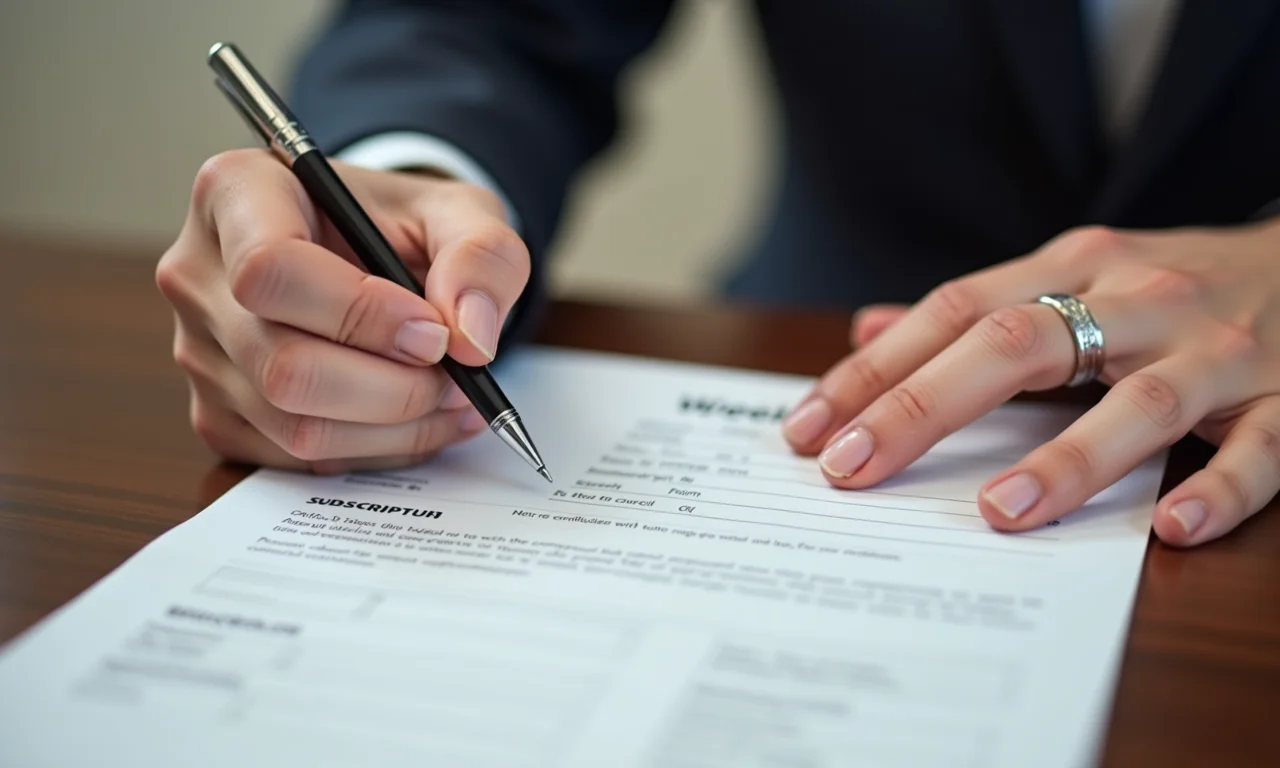 Mãos assinando formulário de assinatura de revista de casamento.