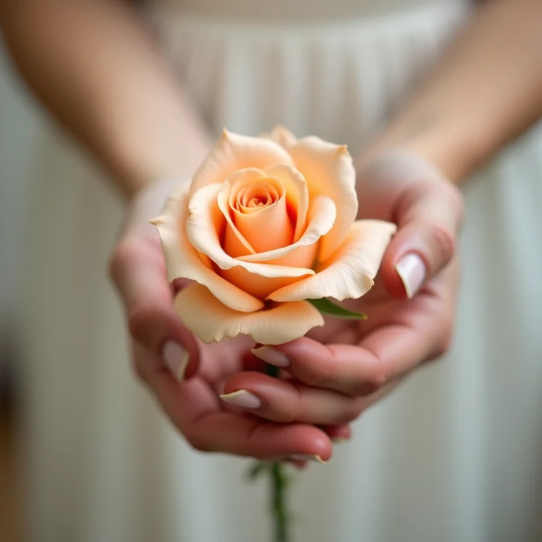 Mãos da noiva segurando delicadamente uma rosa cor de pêssego.