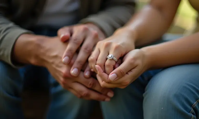 Mãos de casal diverso entrelaçadas, com aliança de noivado brilhante em destaque.