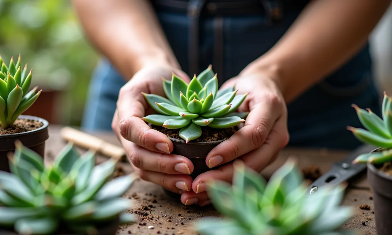 Mãos de especialista criando arranjo de suculentas.