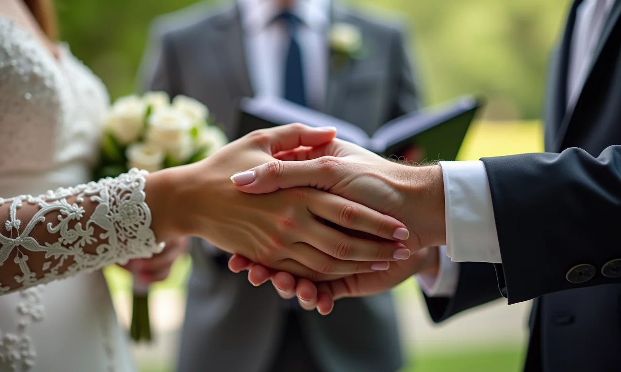Mãos entrelaçadas durante cerimônia de casamento, simbolizando o papel dos padrinhos.