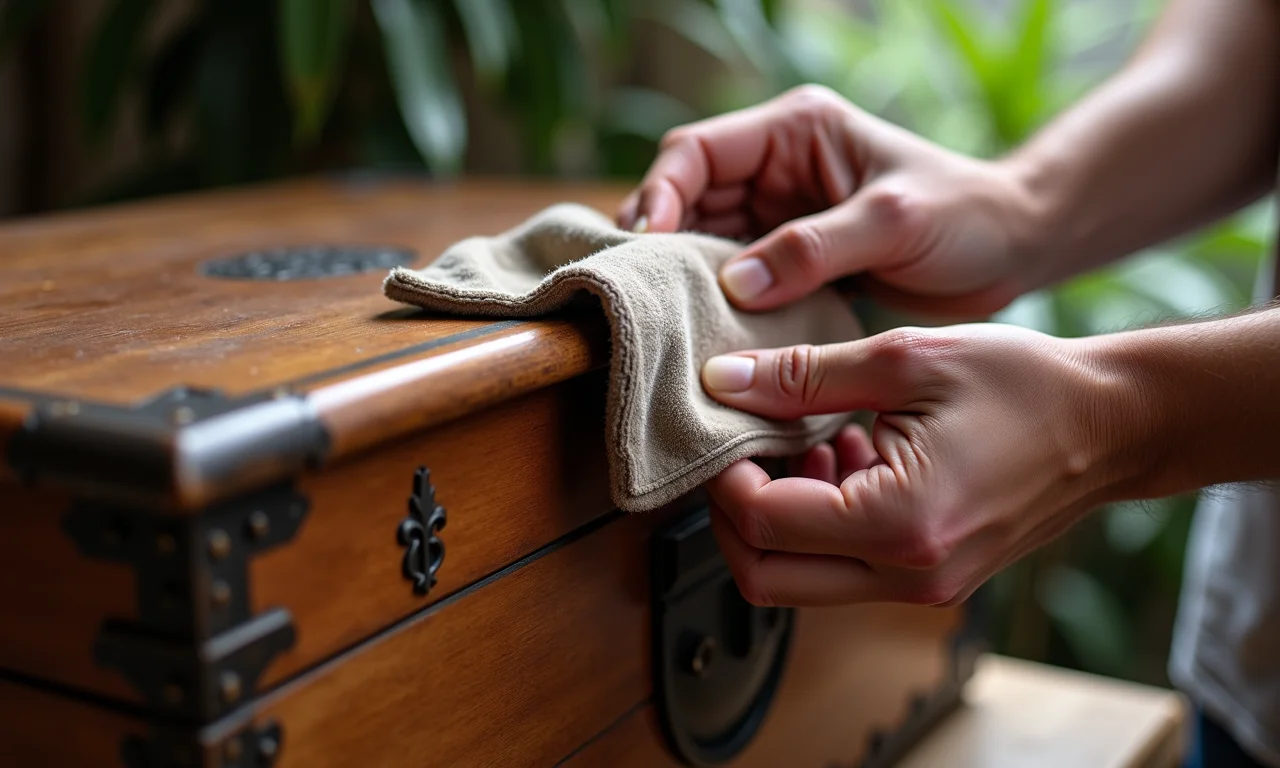 Mãos limpando caixa de madeira antiga com pano macio e polidor.