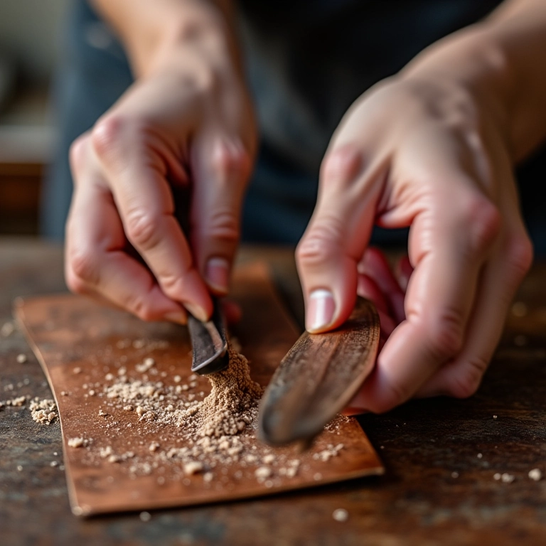 Mãos limpando talheres de cobre manchados com produto de limpeza natural.