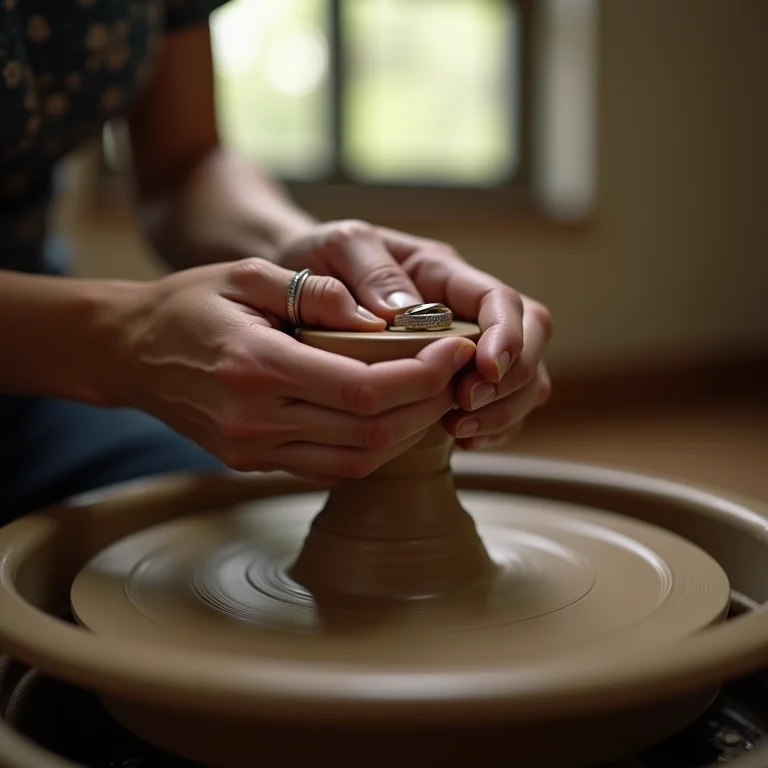 Mãos moldando argila em uma aula de cerâmica para casais.