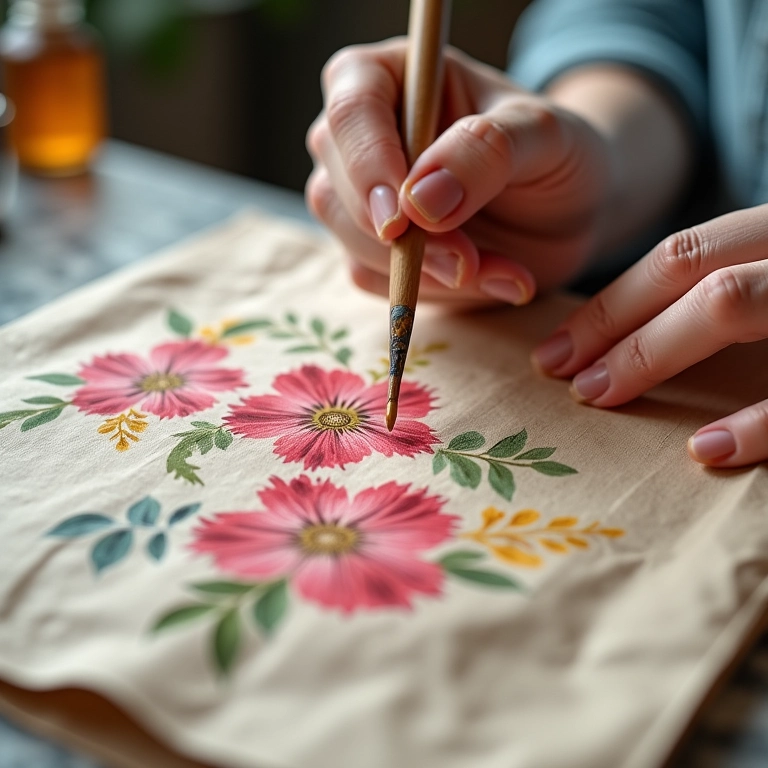 Mãos pintando desenho floral em ecobag simples.