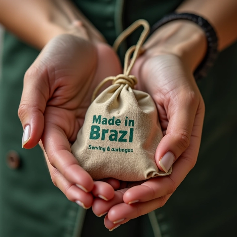 Mãos segurando etiqueta 'Feito no Brasil' anexada a ecobag personalizada.