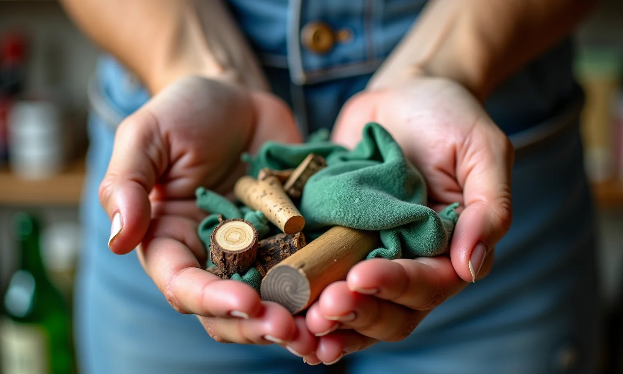 Mãos segurando materiais para upcycling, como garrafas de vidro, retalhos de tecido e pedaços de madeira, em um mercado brasileiro.