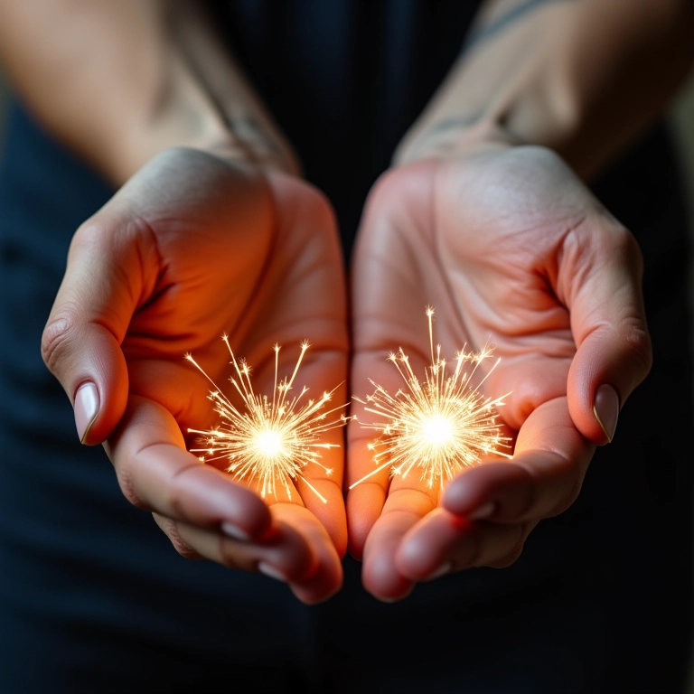 Mãos segurando sparkles de tamanhos diferentes para comparação.