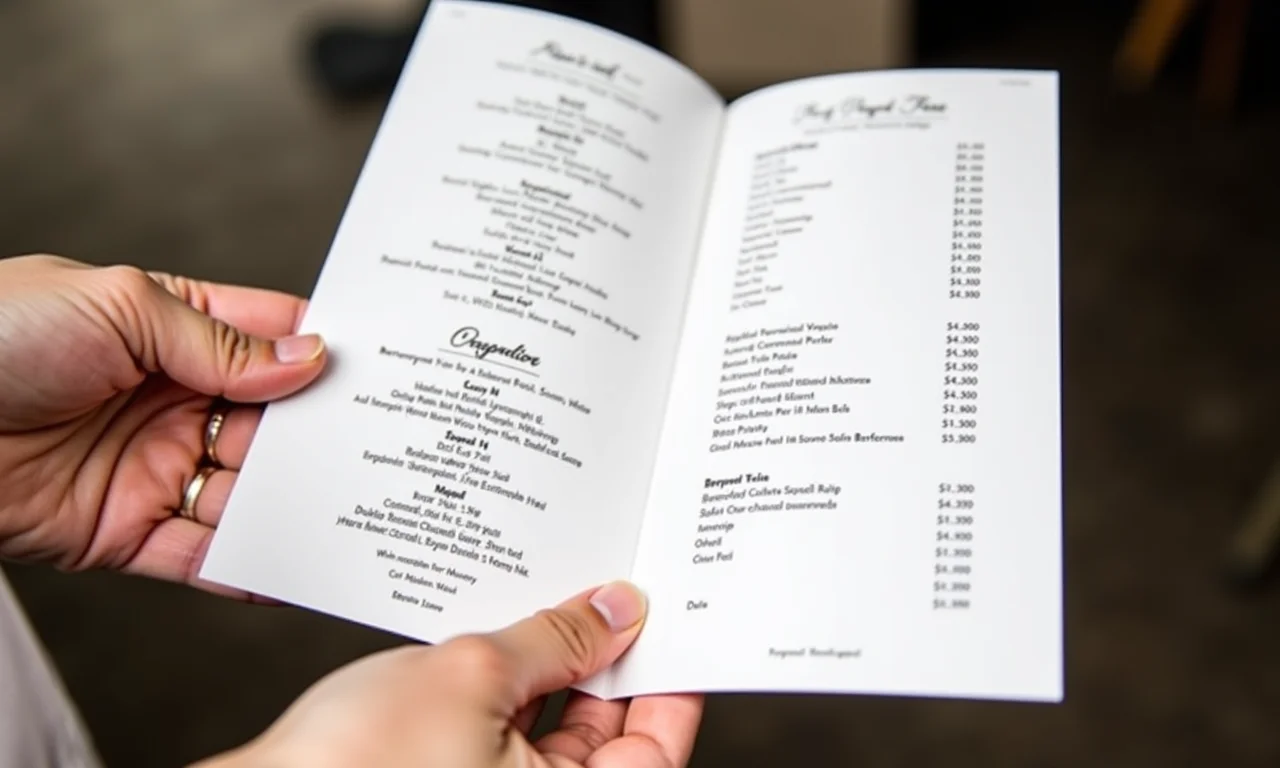 Mãos segurando um menu de drinks detalhado e lista de preços.