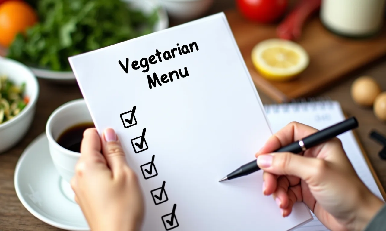 Mãos segurando uma lista de verificação rotulada 'Cardápio de Casamento Vegetariano'.