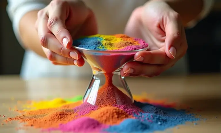 Mãos unidas despejando areias coloridas em vaso durante cerimônia.