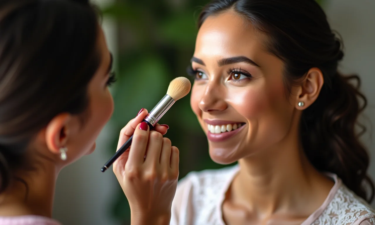 Maquiador aplicando base de longa duração em noiva.