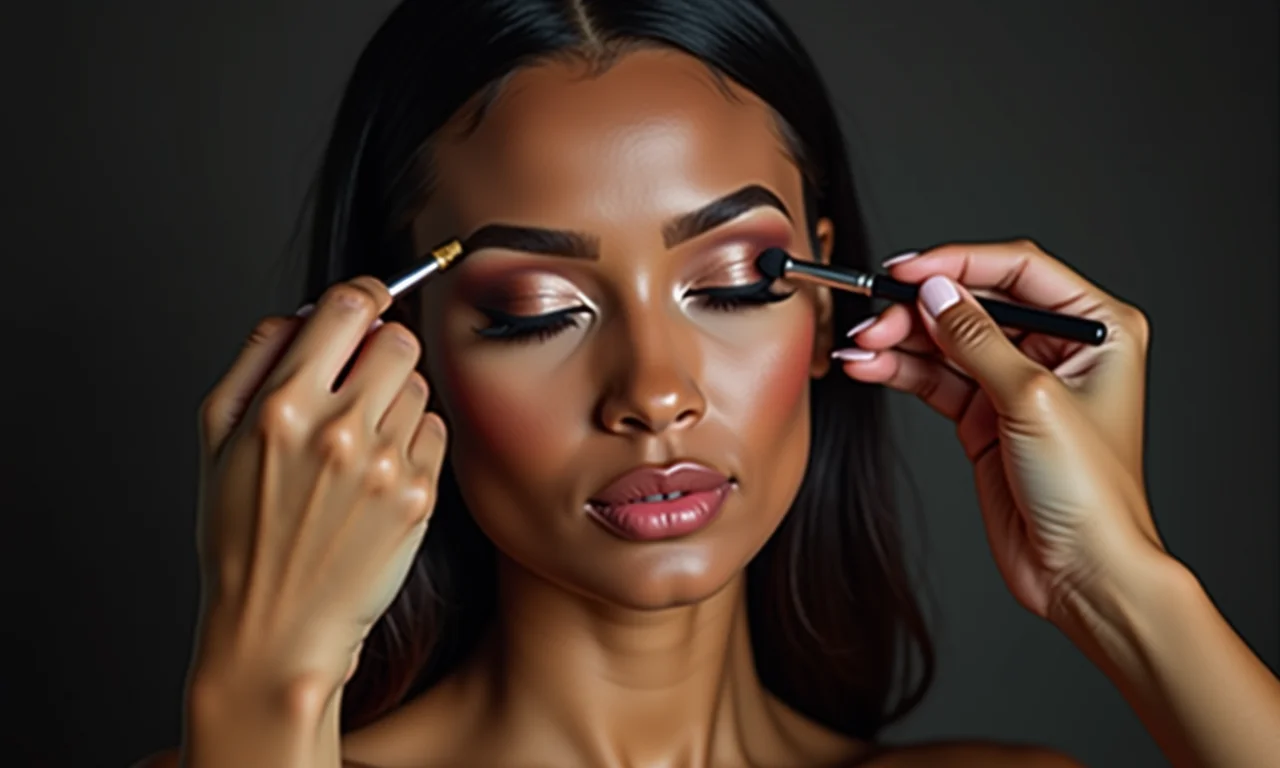 Maquiador aplicando sombra com conhecimento técnico em visagismo.